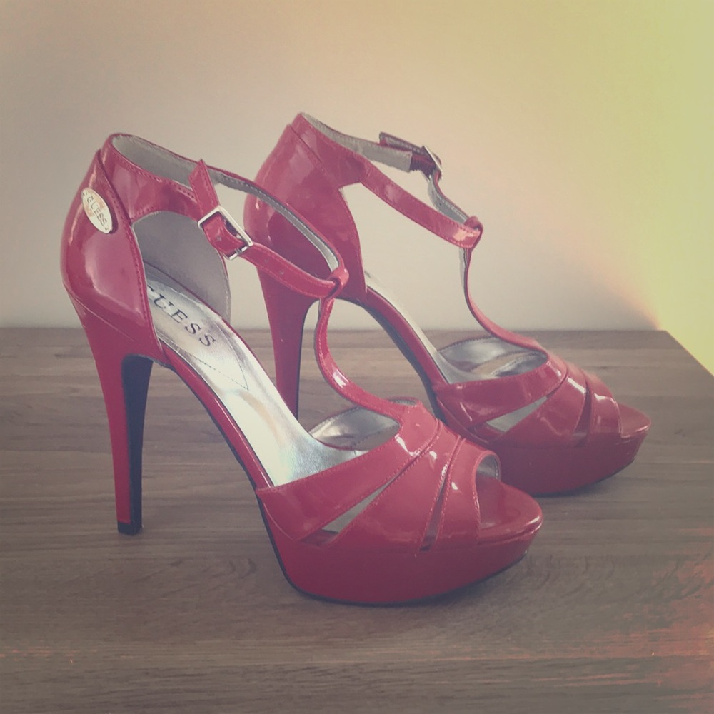 Red patent leather platform heels